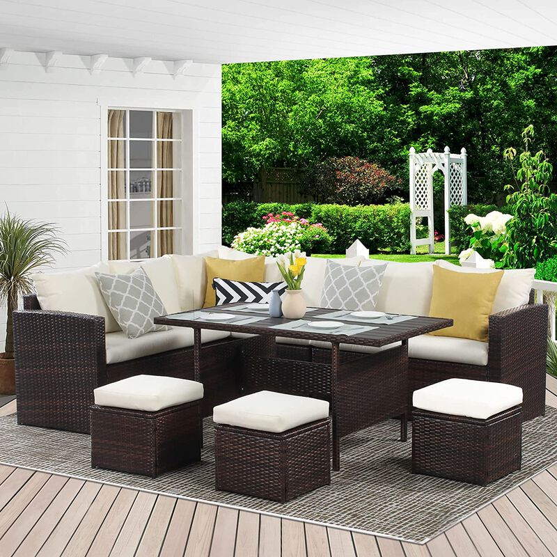Streamdale 7-Piece Rattan Patio Sofa Set with Ivory Cushions
