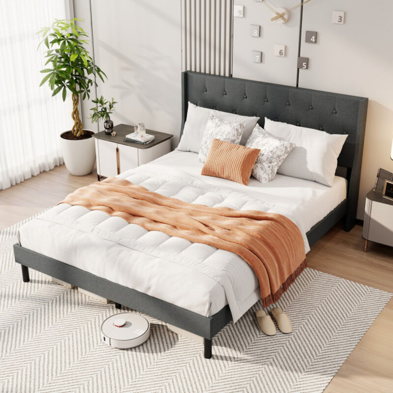 Button Tufted Wingback Upholstered Bed Frame with Wooden Slat Support-Grey image number 4