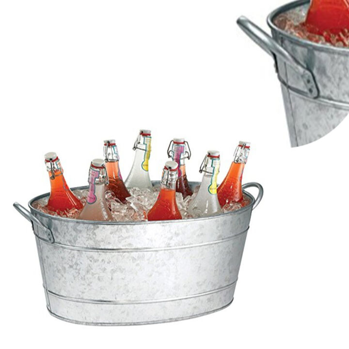 Spacious Galvanized Beverage Tub With Handles, Gray-Benzara