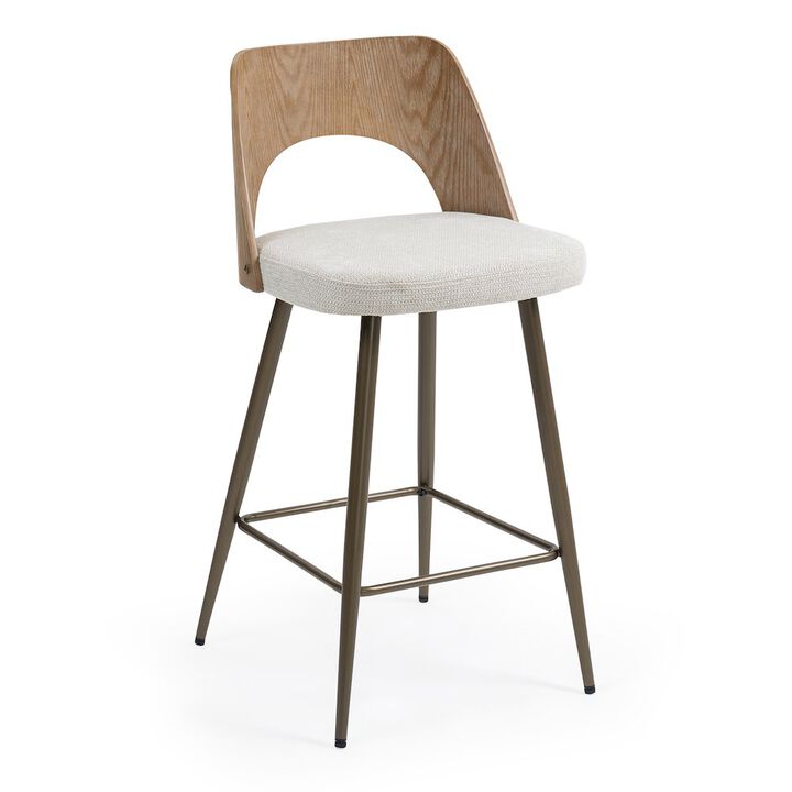 Glamour Home Set of 2 Beige Washed Boucle Fabric Counter Stool White Washed Wood Back