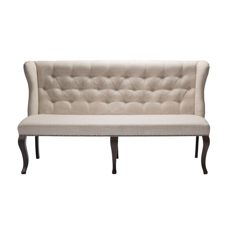 Best Quality Furniture Classic Upholstered Bench in Linen Fabric w/Tufted Style Back & Nailhead Trim, Beige