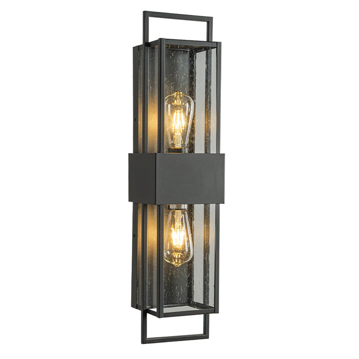 Modern Outdoor Wall Light with Dusk to Dawn Sensor H26'' Black Exterior Wall Lantern with Seeded Glass 2-Light Waterproof