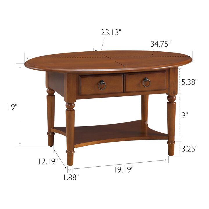 Coastal Solid Wood Oval Coffee Table with Shelf and Drawer, Rich Pecan Brown, Perfect for Living Rooms and Small Spaces - Leick