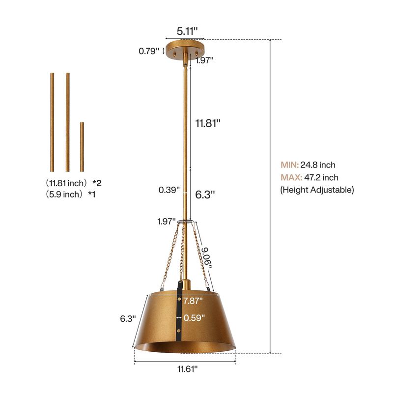 Gold Drum Pendant Light, Industrial Metal Shade, Adjustable Height image number 2