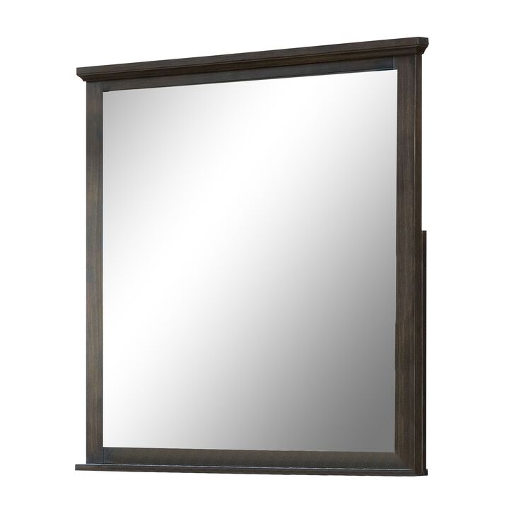 Wooden Frame Mirror with Molded Trim Top, Walnut Brown-Benzara