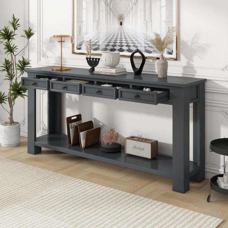 Whisen Rustic Rectangle Wood Console Table with 4-Storage Drawers and Bottom Shelf