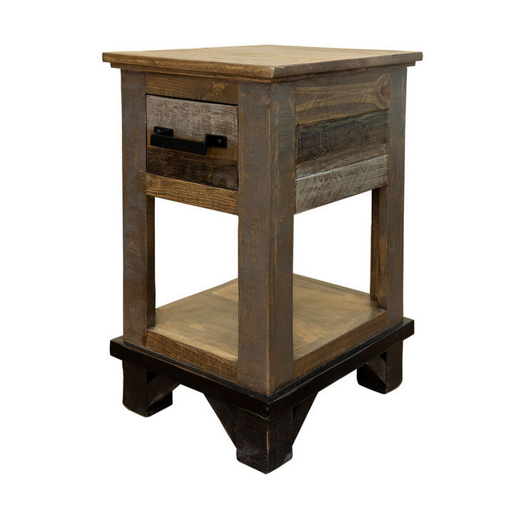 Peya 26 Inch End Table, Shelf, 1 Drawer, Distressed Gray, Brown Pine Wood-Benzara