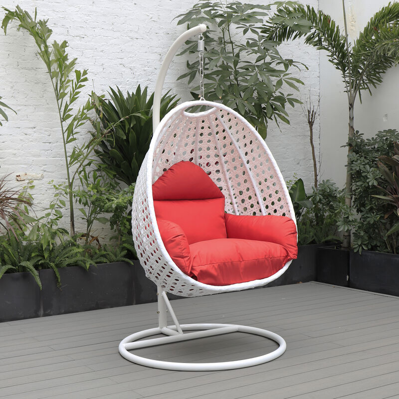 LeisureMod White Wicker Hanging Egg Swing Chair - Modern Outdoor Patio Chair for Porch, Balcony & Garden | Comfortable, Stylish, Durable