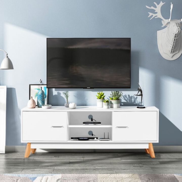 Wooden TV Stand with 2 Storage Cabinets  and 2 Open Shelves-White