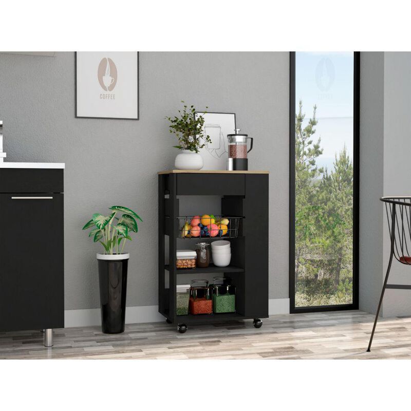 DEPOT E-SHOP Rosemont Kitchen Cart, Two Open Shelves, Rack, Four Caster Wheels, One Drawer-Black-Light Oak, For Kitchen