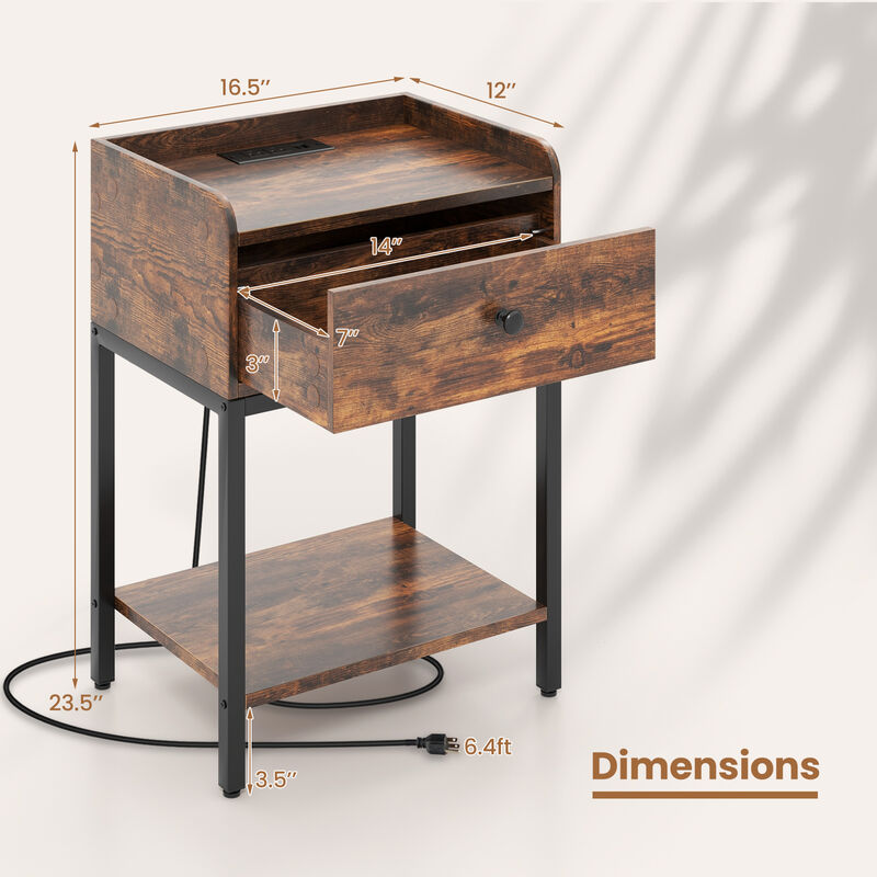 Industrial Bedside Table Nightstand with Charging Station-Rustic Brown image number 4
