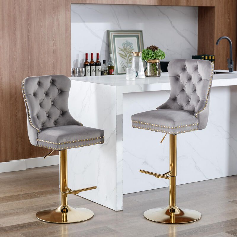 Swivel Barstools Modern Upholstered Counter Chairs with Tufted Back & Adjustable Seat for Kitchen & Bar - Set of 2