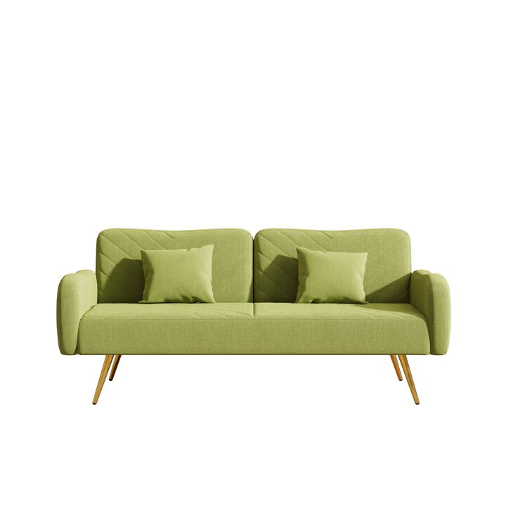 70.47" Green Fabric Double Sofa with Split Backrest and Two Throw Pillows
