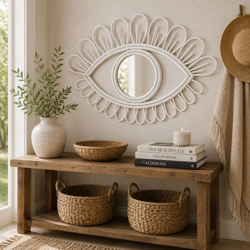 Davie Eye-Shaped Wall Mirror with Loop Details, White Natural Fiber image number 8