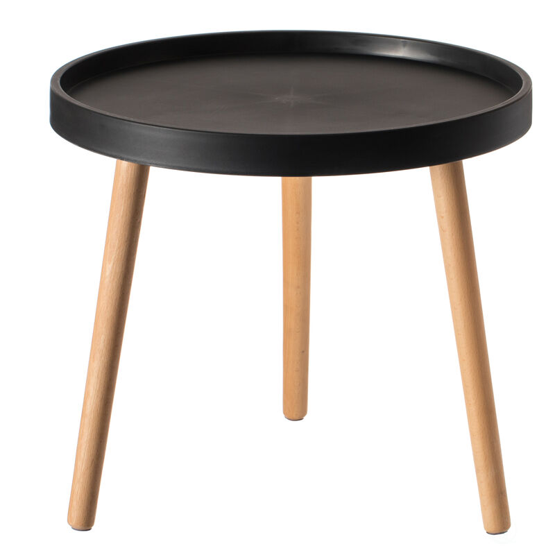 Modern Plastic Round Side Table Accent Coffee Table with Beech Wood Legs, Black