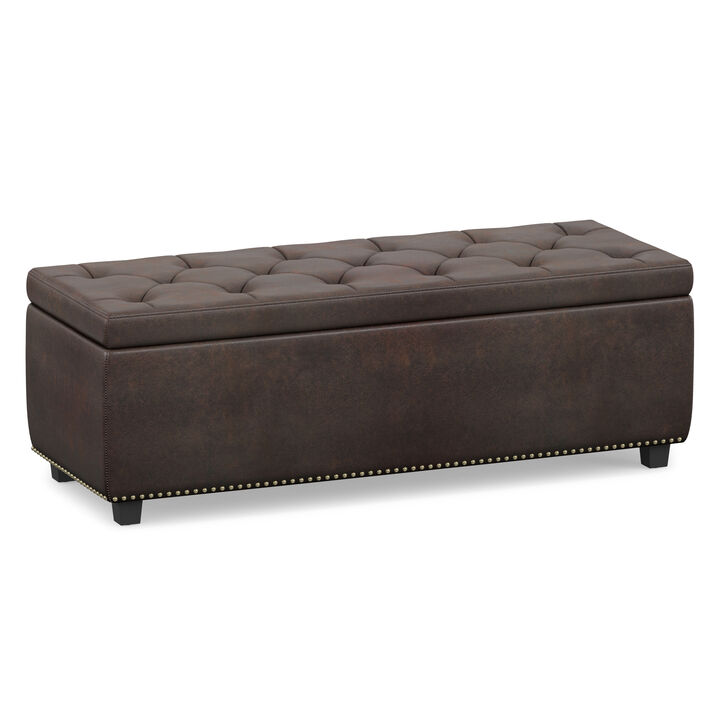 Hamilton 48 inch Wide Transitional Rectangle Storage Ottoman in Distressed Brown Vegan Faux Leather, Assembled