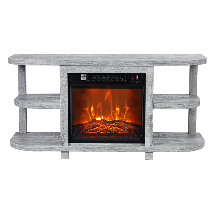 48" Light Gray TV Stand with 18" Insert Electric Fireplace and Open Storage Shelves Media Console for TVs up to 55"