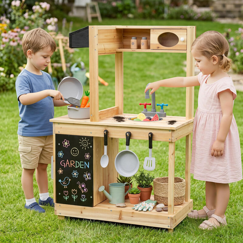 Wooden Mud Kitchen Kids Outdoor Playset with Stove Chalkboard image number 4