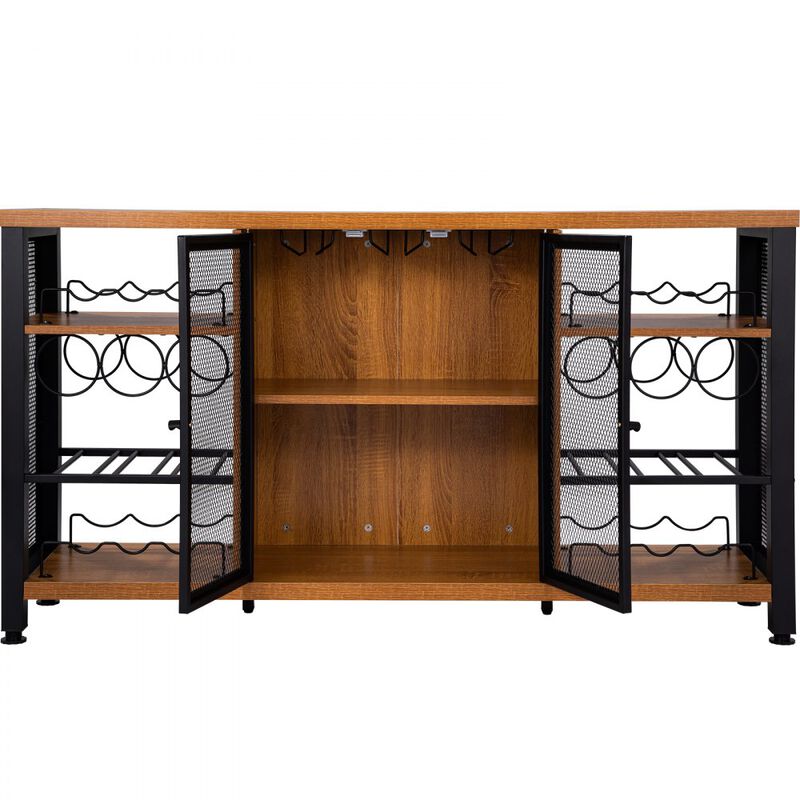Industrial Bar Cabinet with Wine Rack, Glass Holder and Storage for Dining or Living Room