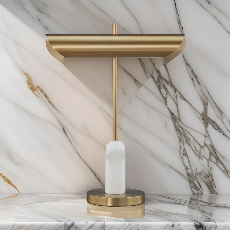 Leon 20 Inch Desk Lamp, Round Base, USB Port, Gold Metal, White Marble - Benzara