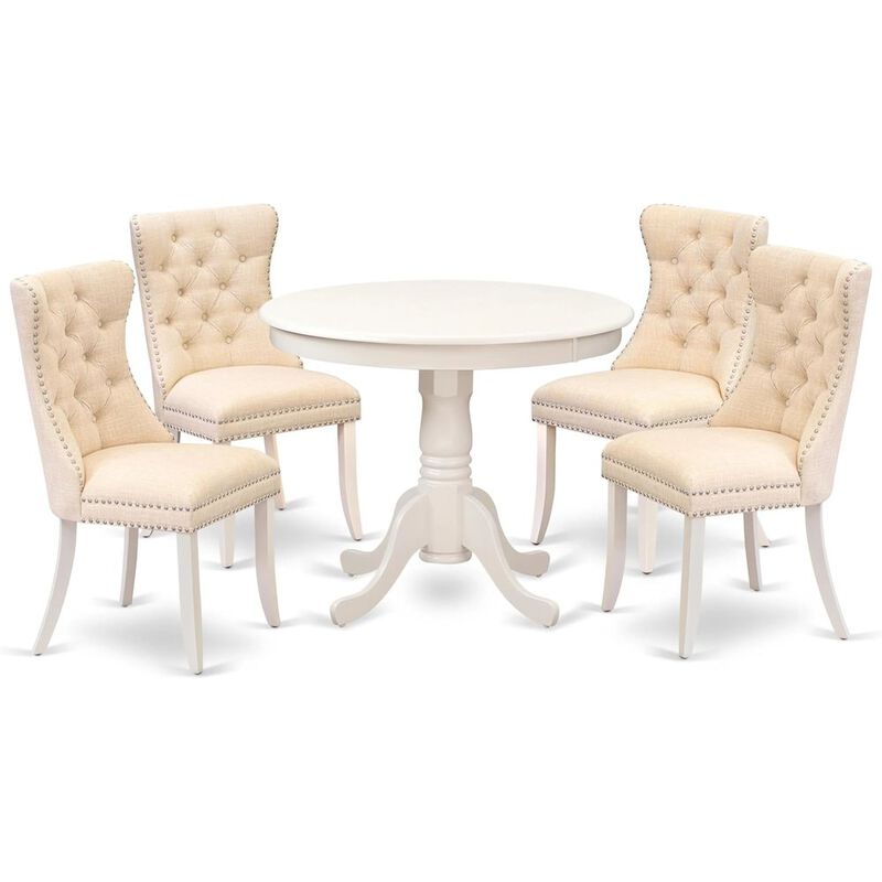 East West Furniture ANDA5-LWH-32 5 Piece Modern Dining Table Set Includes a Round Kitchen Table with Pedestal and 4 Parson Chairs, Linen White