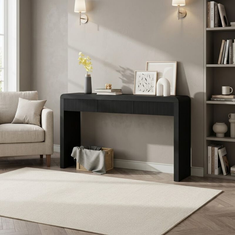 Whisen 55" Rustic Console Table with 3 Fluted Drawers, MDF Solid Wood Veneer, Entryway Table for Living Room Hallway image number 1