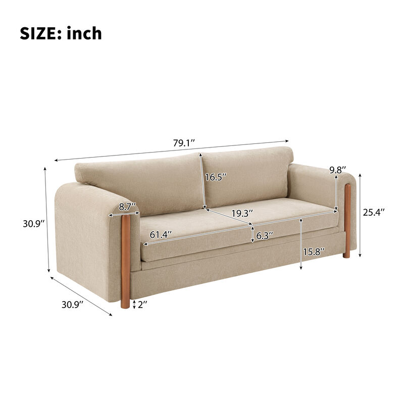 Merax Modern 3-Seater Chenille Sofa with Sculptural Curved Armrests & Rubber Wood Accents image number 3