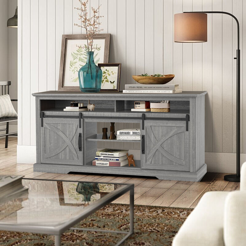 68" Light Gray TV Stand with Open Storage Shelves and Cabinets Media Console for TVs up to 78"