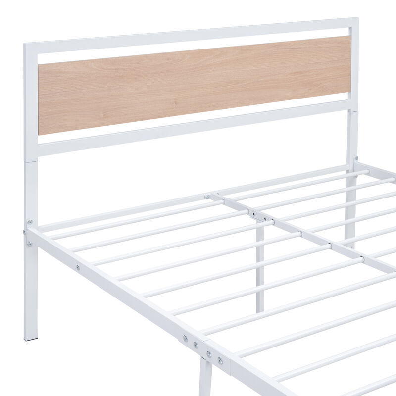 Full Size Platform Bed, Metal and Wood Bed Frame with Headboard and Footboard, White