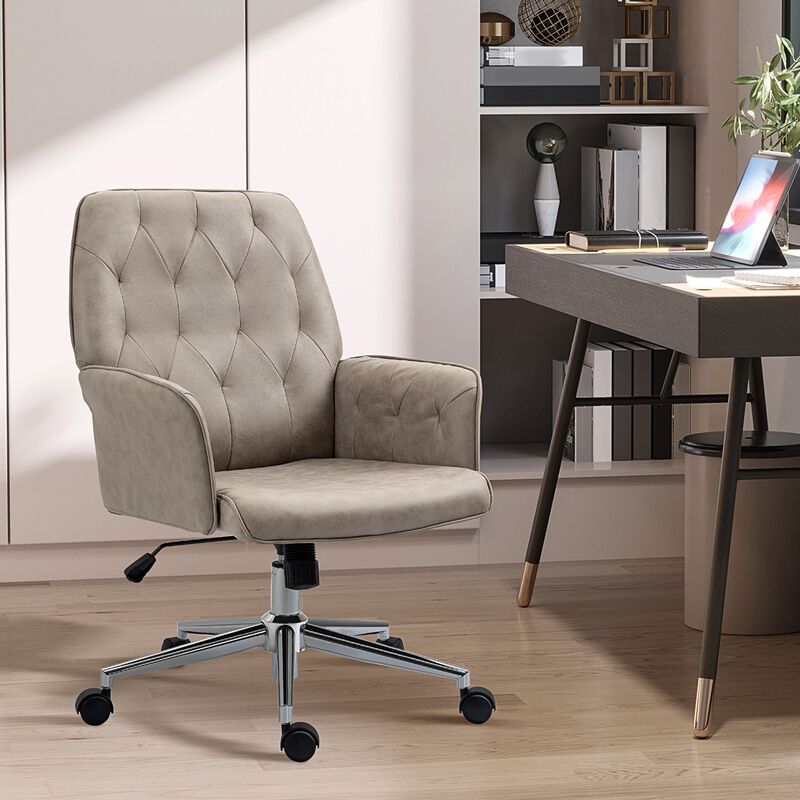 Desk Chair Armchair Office Chair Modern Mid-Back Tufted Linen Fabric With Arms Swivel Height Adjustable Light Grey