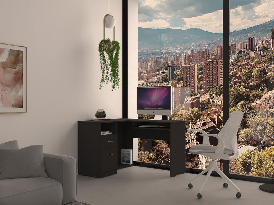 DEPOT E-SHOP Idra L-Shaped Desk, Keyboard Tray, Two Drawers, One Open Shelf, Black