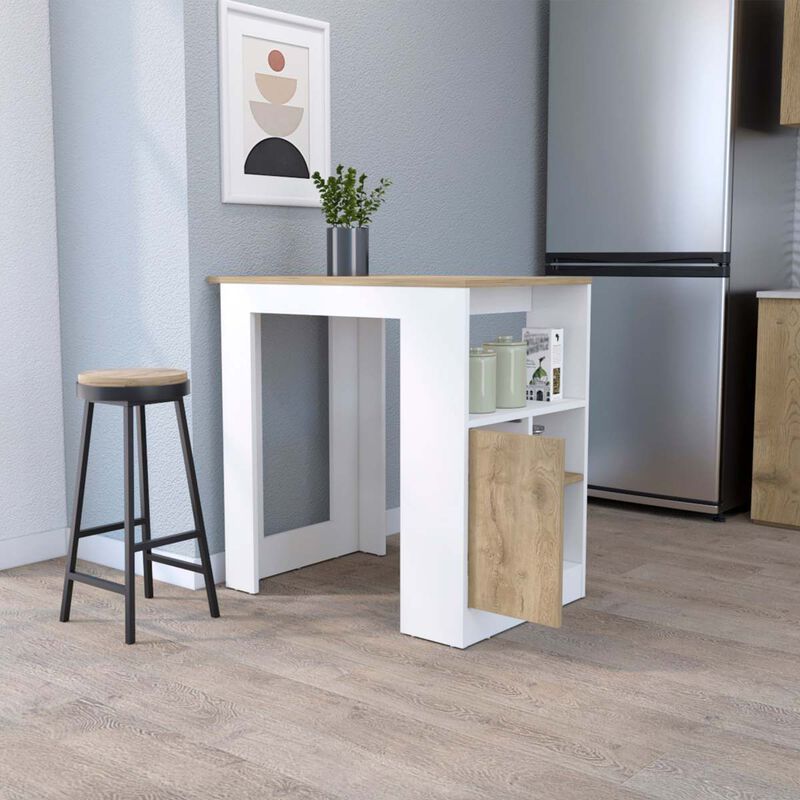 Aurora Kitchen Island with Open Compartment and Cabinet in White and Macadamia