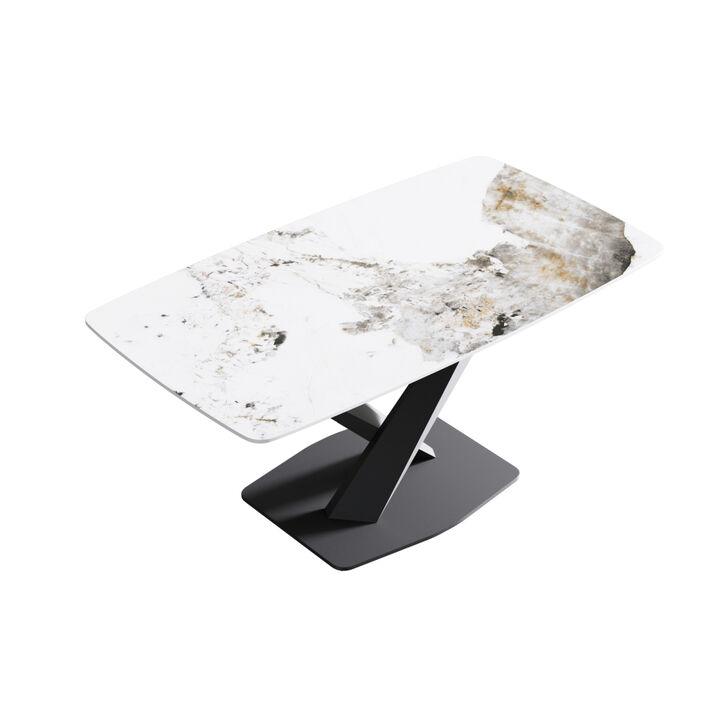 63" Modern artificial stone pandora white curved black metal leg dining table -6 people