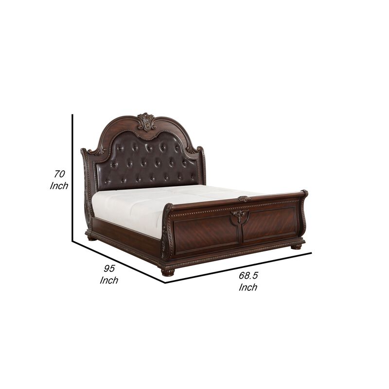 Caitlin Classic Queen Sleigh Bed, Tufted Arch Headboard, Brown Faux Leather - Benzara image number 4