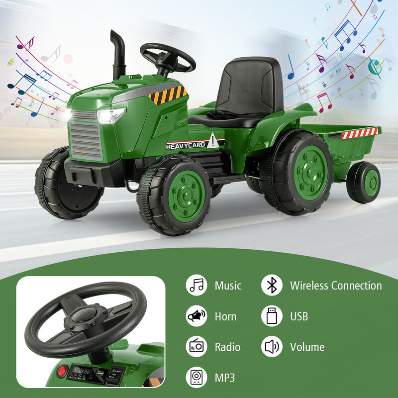 Kids Ride On Tractor with Detachable Trailer and Remote Control Driving-Dark Green image number 3