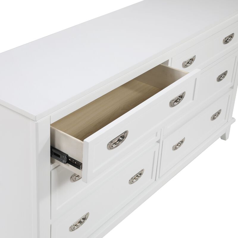 Sely Dresser, 55 Inch, 6 Drawers, White Wood, Nickel Ring Handles - Benzara
