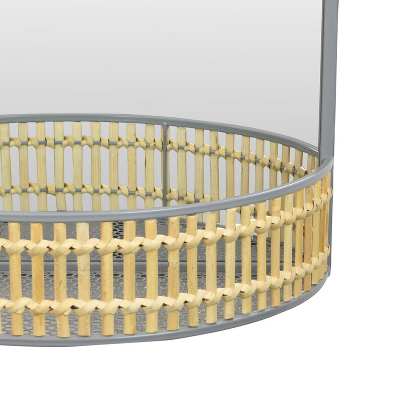 Elpis Wall Mirror Decor with Woven Shelf,  20 Inch Tall, Gray Metal - Benzara