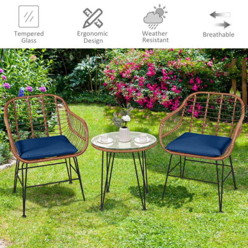 Patio Bistro Set &ndash; 3-Piece Rattan Furniture Set with Cushioned Seats & Coffee Table