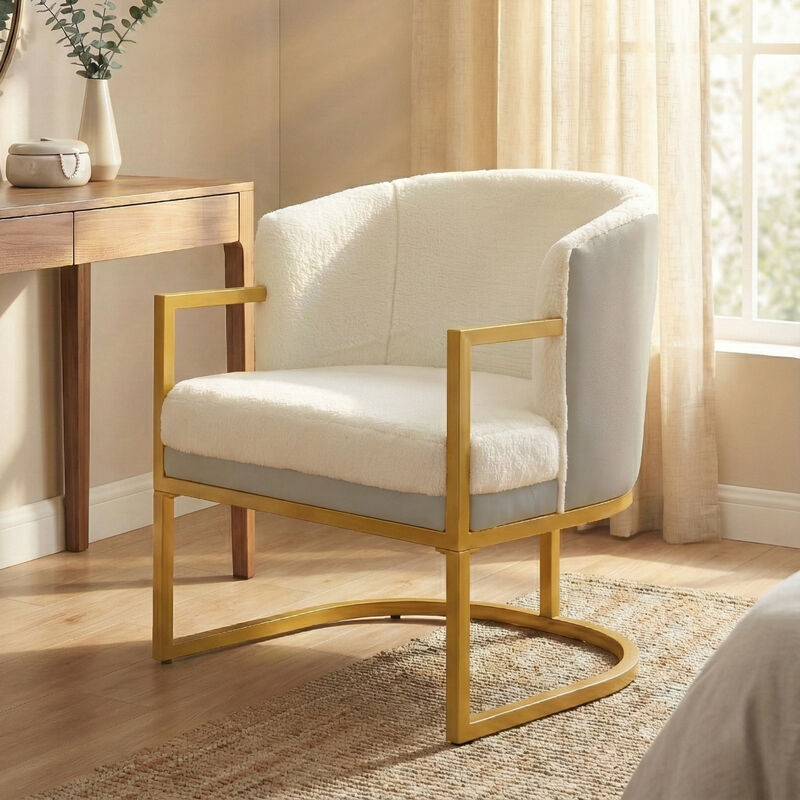 Merax Faux Rabbit Fur Accent Chair with Golden Metal Frame image number 1