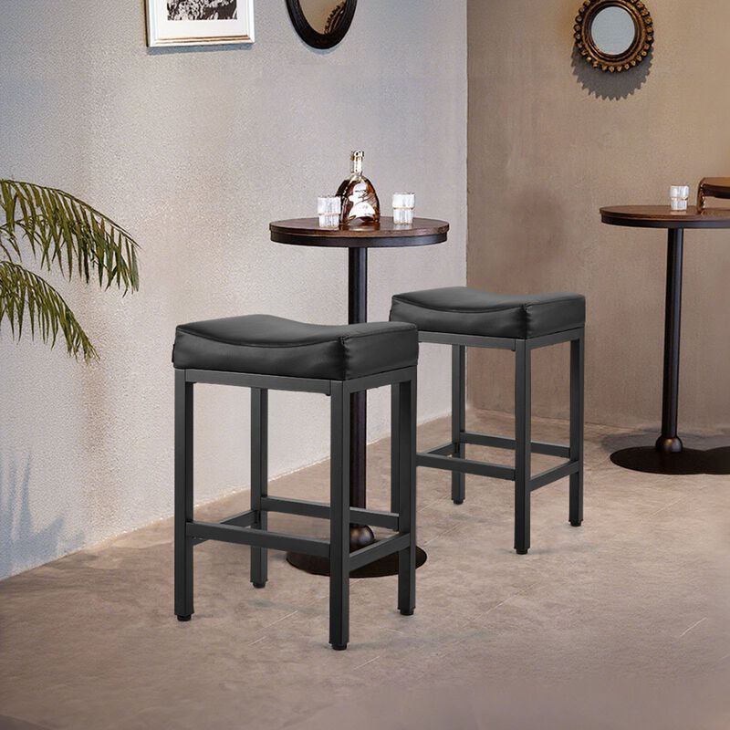 Counter Height Bar Stool Set of 2 PU Leather Saddle Seat Backless Metal Frame Kitchen Chairs-Black image number 1
