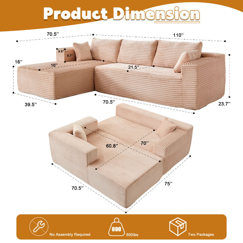 Compression L-Shaped Sofa &ndash; Boneless Sectional Couch with Deep Seat & Chaise