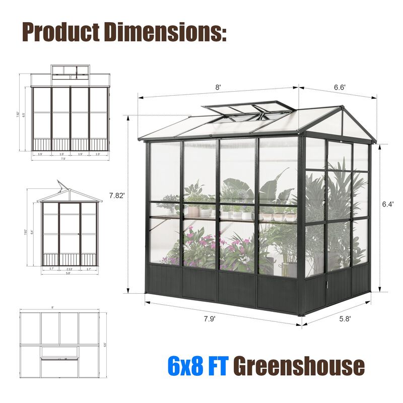 Mondawe 6.5 x 8 FT Polycarbonate Greenhouse, Outdoor Full Aluminum Heavy Duty Greenhouse with Extra 7.8FT Walk-in Height image number 8