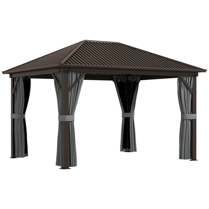 Outsunny 10' x 12' Hardtop Gazebo Canopy with Galvanized Steel Roof, Aluminum Frame, Permanent Pavilion with Top Hook, Netting and Curtains for Patio, Garden, Backyard, Deck, Lawn, Dark Gray