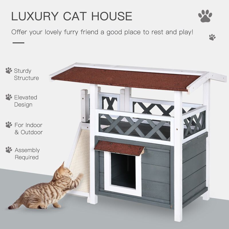 2-Story Solid Wood Cat House Condo Shelter with Sisal Ramp Weatherproof for Indoor/Outdoor Use Grey and White