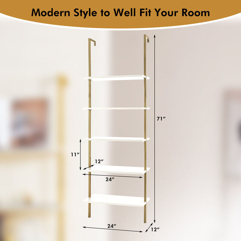 5 Tier Ladder Shelf Wall-Mounted Bookcase with Steel Frame