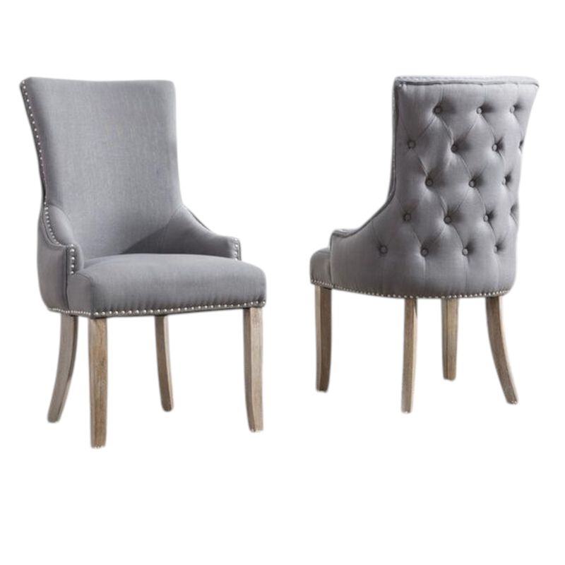 Tufted Dining Side Chair in Dark Grey Linen (Set of 2)