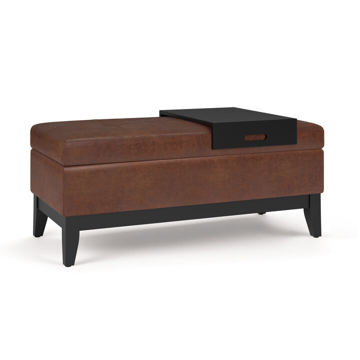Oregon Storage Ottoman Bench with Tray in Distressed Saddle Brown Faux Leather