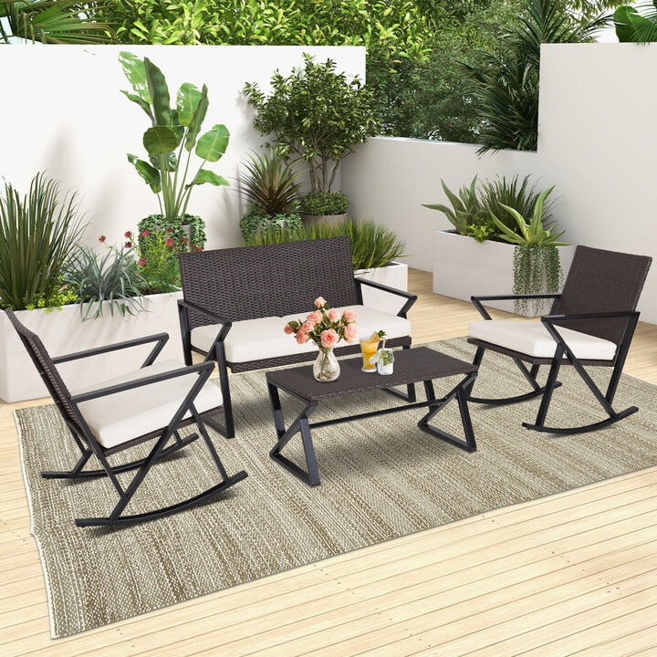 4 Pieces Rattan Patio Rocking Furniture Set with Loveseat and Coffee Table