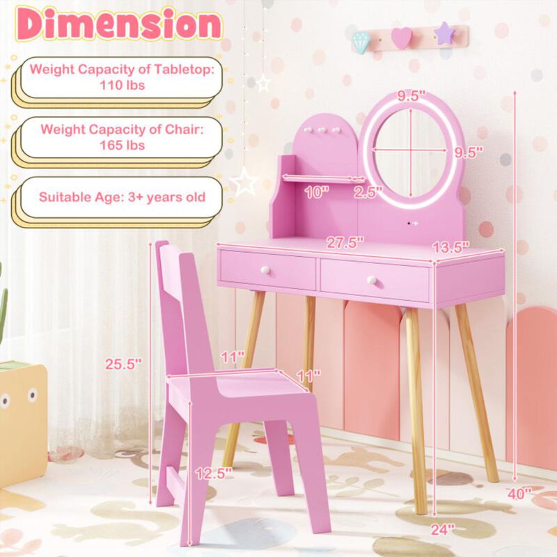 Hivvago Kids Princess Makeup Dressing Desk and Chair Set with Mirror and Lights
