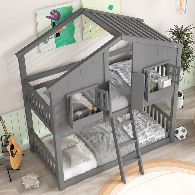 Twin over Twin House Bunk Bed with Roof , Window, Window  Box, Door , with Safety Guardrails and Ladder